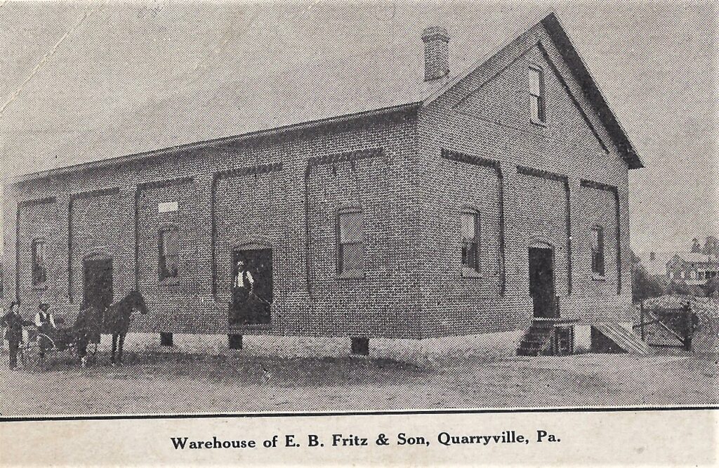This brick warehouse built in 1908 is still standing on the south side of East Fourth Street at the Quarryville Agway Store. It was used to store hay, grain, feed, fertilizer, straw and potatoes.